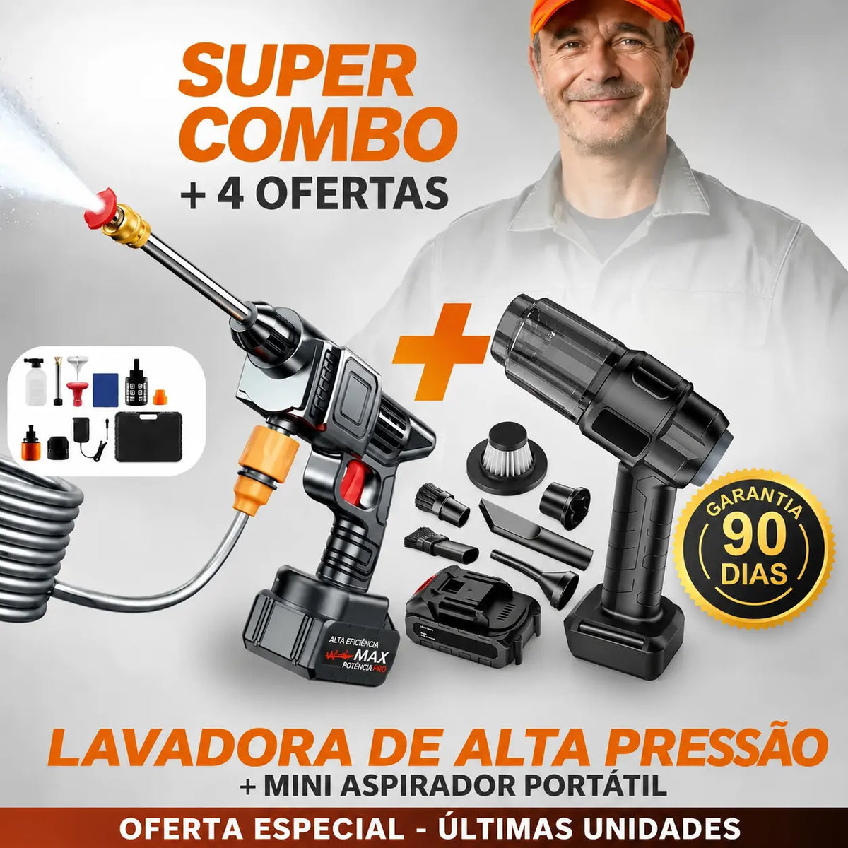 Lavadora de Alta Pressão Portátil Recarregável 2 Baterias + Aspirador Vacum 3 em 1 TurboJet™